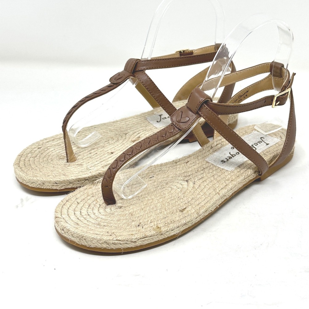 Jack Rogers Womens 8 Brown Leather Espadrille Thong Ankle Strap Sandals Flat